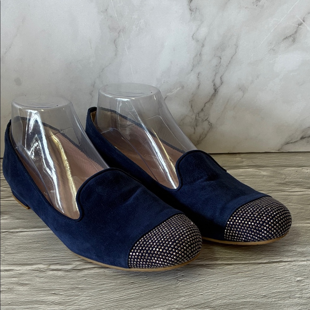 Stuart Weitzman Navy Suede Crystal Cap-Toe Loafers Size 8